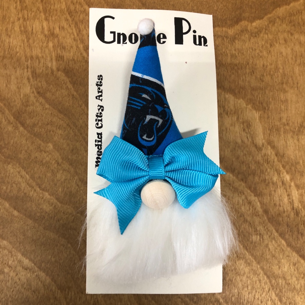 Caroline Panthers Gnome Pin Brooch NFL Gift Guide Handmade Bow Magnetic Football